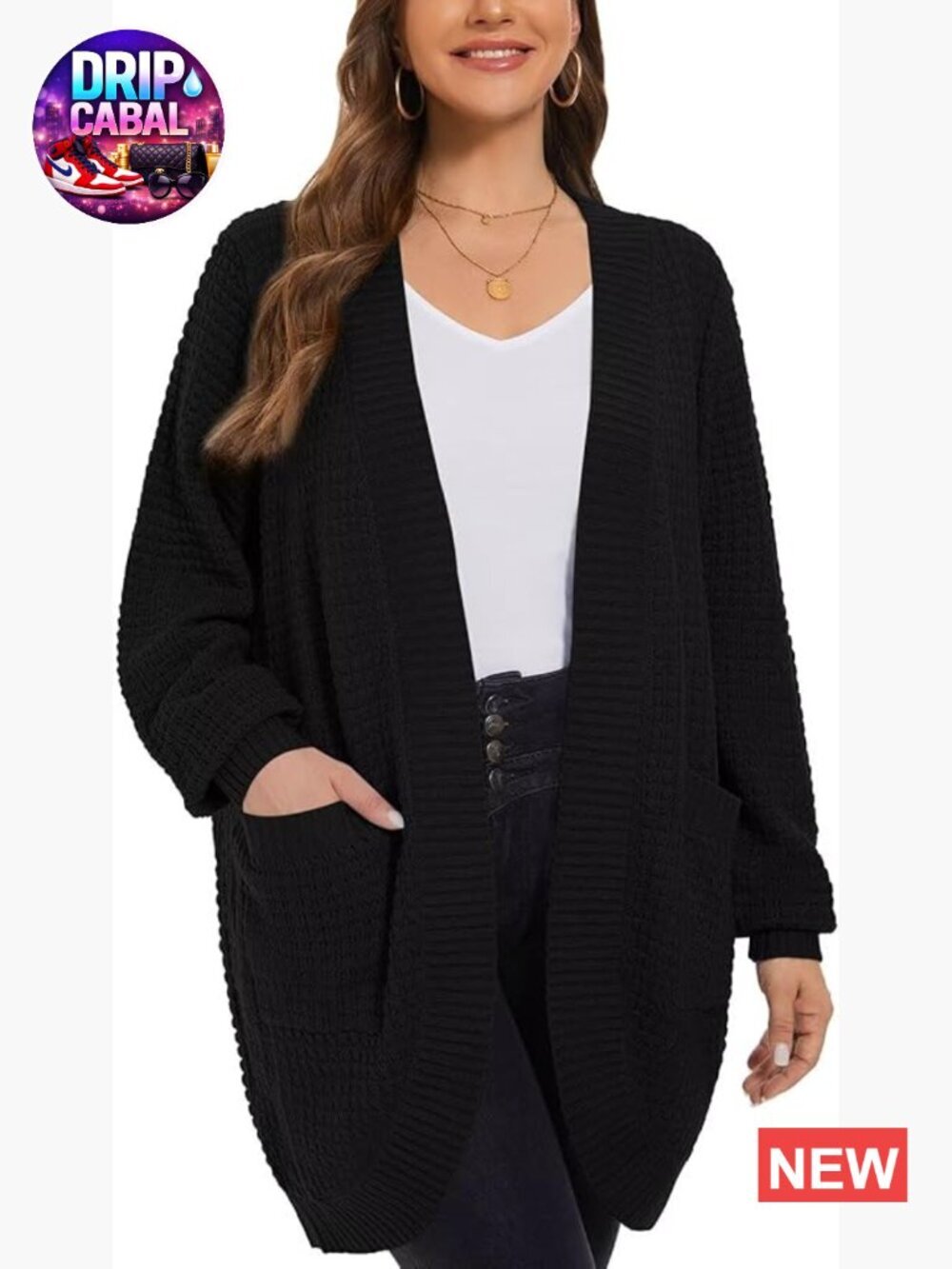 Plus Size Open Front Waffle Knit Cardigan with Pockets